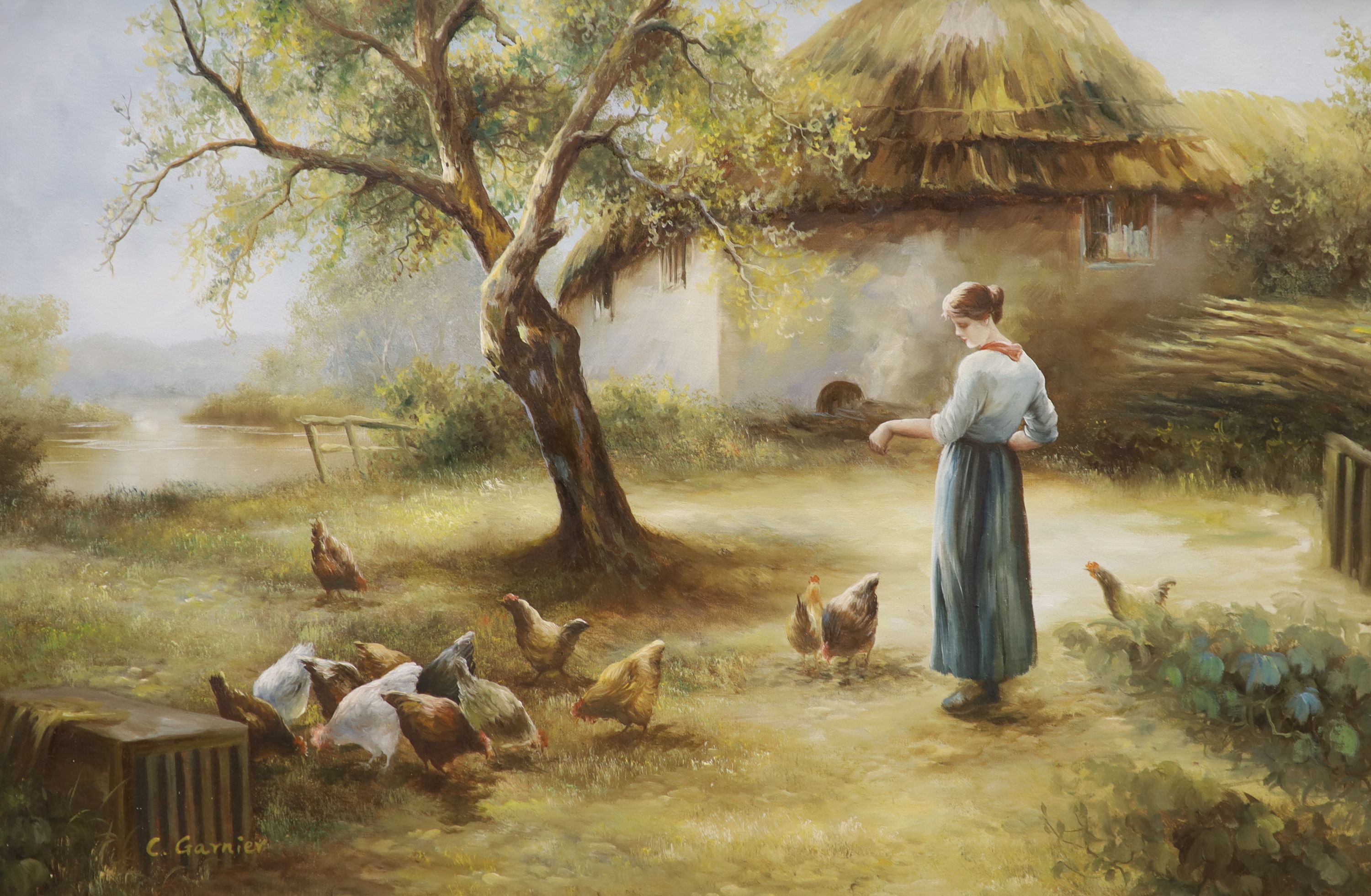 Continental School, oil on canvas, Girls in a farm with calf and chickens, bears signature, 66 x 87cm and a C. Garnier (20th century British), oil on canvas, 